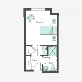 A floor plan of a studio apartment with designated areas for the bedroom, living space, kitchen, and bathroom.