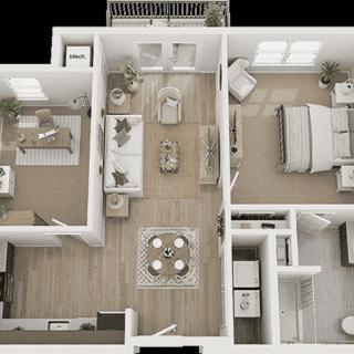 A 3D floor plan of a modern two-bedroom apartment featuring an open living area and kitchen.