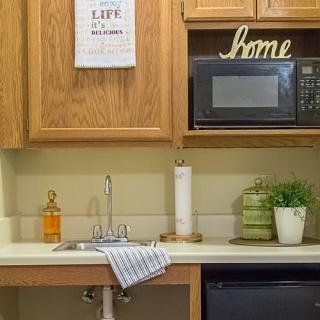 A cozy kitchen setup with wooden cabinets, a small sink, and a microwave, accented by decorative items and a potted plant.