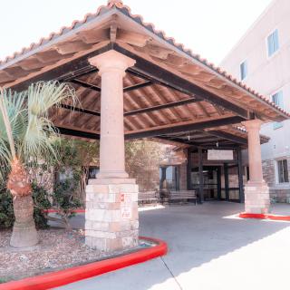 Entrance with a covered canopy supported by columns and a nearby palm tree.