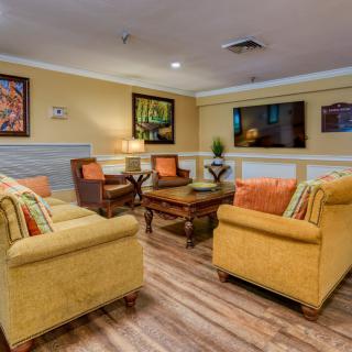 A cozy living room with comfortable sofas and stylish decor.