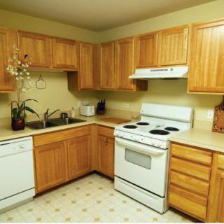 A kitchen with wood cabinets, a stove, and other appliances.