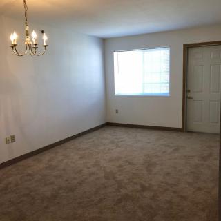 An empty room with carpet flooring, a chandelier, a window, and a door.