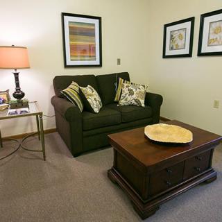 A cozy living room with a sofa, coffee table, and decorative elements.