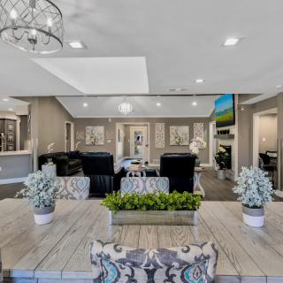 A modern and stylish living room with elegant decor, featuring comfortable seating and decorative plants.