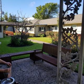 A tranquil outdoor space with a bench, surrounded by a well-kept lawn and trees, adjacent to a house.