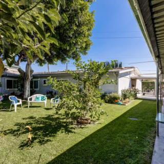 A serene garden view featuring a well-maintained lawn and modern home architecture.