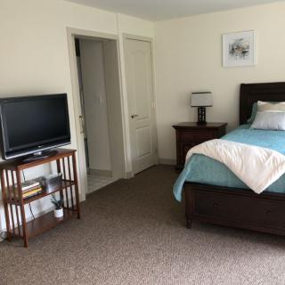 A cozy bedroom featuring a bed with blue bedding, a nightstand with a lamp, and a TV on a stand.