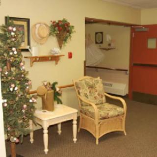 A cozy interior with a wicker chair, a small table, and decorative plants.