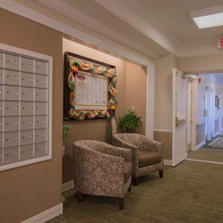 A cozy hallway with patterned chairs, a plant, and mailboxes on the wall.