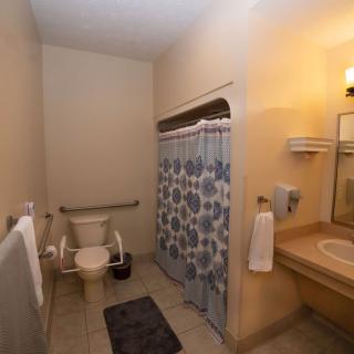 A well-lit bathroom with a shower, toilet, and sink.