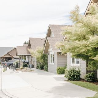 A row of suburban houses with driveways and trees lining the street.