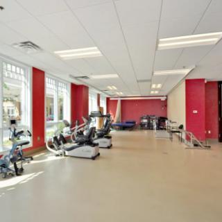 A spacious gym with red walls, equipped with treadmills and stationary bikes, well-lit by large windows.