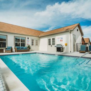 A sunny day in a residential backyard with a swimming pool.