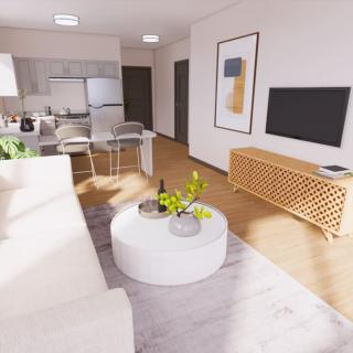 Modern open-plan living room with a minimalist design.