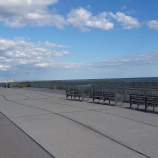 A serene coastal pathway with benches overlooking the water under a blue sky.