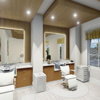 A modern salon interior with stylish mirrors and seating areas.
