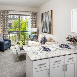 A modern living room in an apartment with stylish furniture and decor.