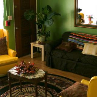 A cozy living room with green walls, featuring yellow chairs and a dark sofa, complemented by a coffee table and decorative elements.