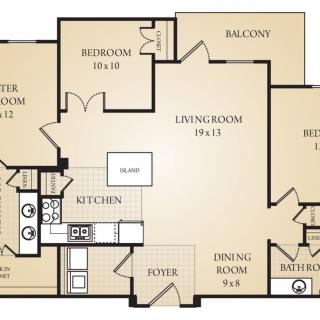 A two-bedroom apartment floor plan with a balcony, kitchen, living room, dining room, and bathroom.