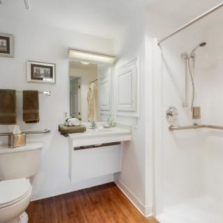 A modern bathroom with white walls, featuring a shower area, sink, toilet, and a large mirror.