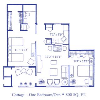 A detailed floor plan of a cottage featuring one bedroom, a den, and a total area of 800 square feet.