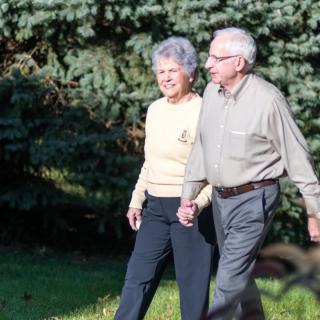 An elderly couple enjoying a walk outdoors on a sunny day.