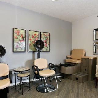 A cozy salon interior with hair drying stations and decorative artwork.