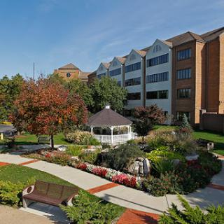 A serene garden area featuring a gazebo, surrounded by colorful flowers and modern buildings.