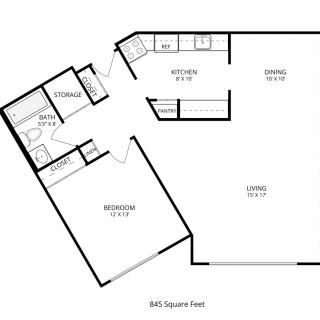 An 845 square feet apartment floor plan featuring a one-bedroom layout with a kitchen, dining area, living space, bathroom, and storage.