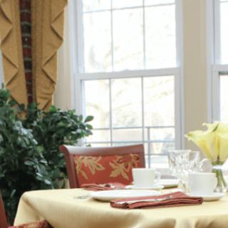 A neatly set dining table near large windows with a plant and flowers for decoration.