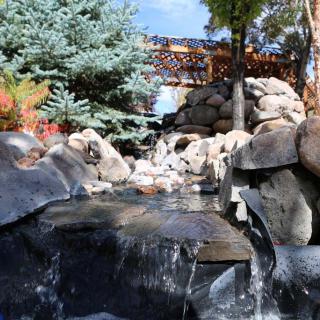 A serene waterfall with a wooden bridge in a lush natural setting.