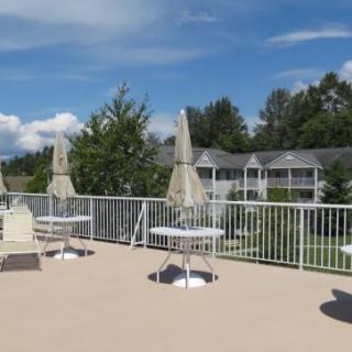 A sunny outdoor patio with tables, chairs, and umbrellas overlooking a building and trees.