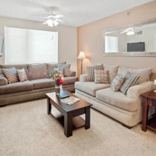 A cozy living room with two sofas, a coffee table, and decorative elements.