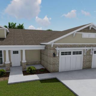 A modern suburban house with a two-car garage and well-maintained lawn.