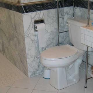 A bathroom featuring a marble-tiled design with a toilet and toilet paper holder.