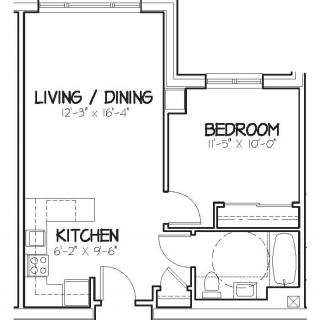 A floor plan of a small apartment showing the living/dining area, kitchen, and bedroom.