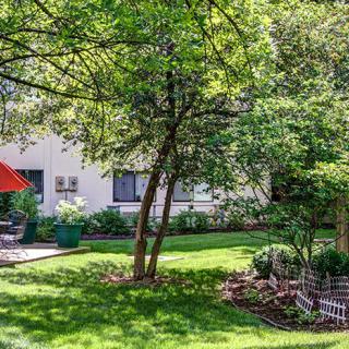 A peaceful backyard garden with lush green lawn, trees providing shade, and a patio area with outdoor seating.