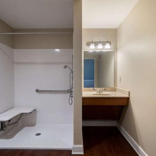 A bathroom featuring an accessible shower with a grab bar and foldable seat, alongside a vanity with a sink and mirror.
