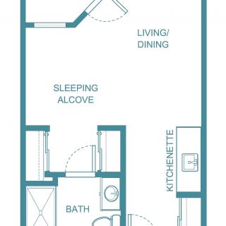 A floor plan of a studio apartment featuring a living/dining area, kitchenette, sleeping alcove, and bathroom.