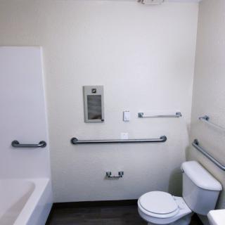 A modern and accessible bathroom with a toilet, bathtub, and grab bars.