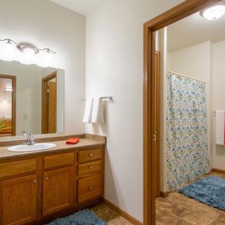 A spacious bathroom featuring a wooden cabinet with a sink and mirror, adjacent to an area with a shower curtain and bath mats.