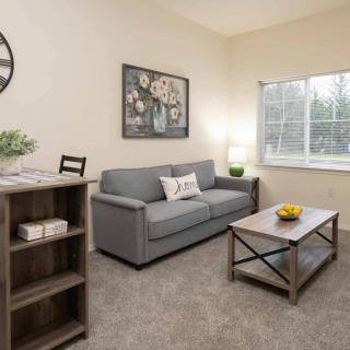 A cozy living room with a gray sofa, coffee table, and decorative wall art.