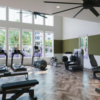 A modern gym with various fitness equipment and bright natural lighting.