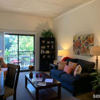 A cozy living room with a sofa, coffee table, bookshelf, and large window allowing natural light.