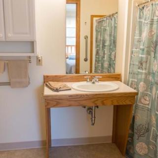 A bathroom featuring a sink with a wooden base, a mirror, and a shower with a patterned curtain.