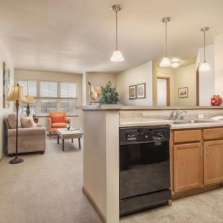 A modern open-plan apartment featuring a cozy living room and adjacent kitchen area.