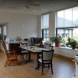 A bright and inviting living space featuring a dining table, wooden chairs, and plenty of plants.