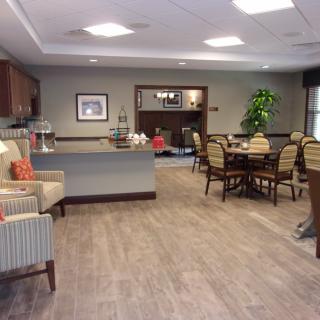 A modern lounge and dining area with comfortable seating and contemporary decor.
