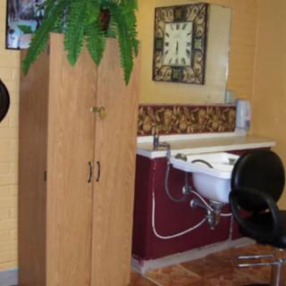 A hair salon interior featuring a styling chair and sink with a wooden cabinet and decorative elements.